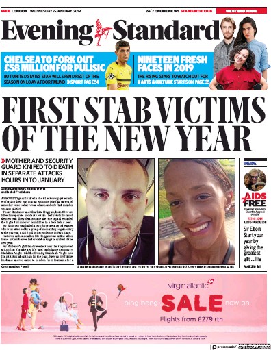London Evening Standard Newspaper Front Page for 3 January 2019