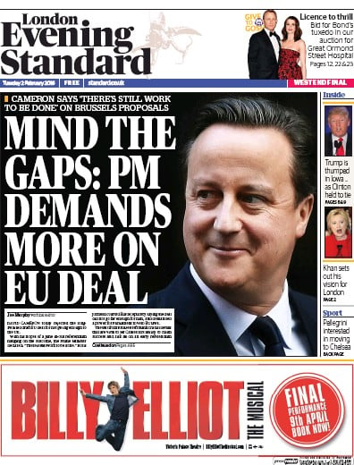 London Evening Standard Newspaper Front Page for 3 February 2016