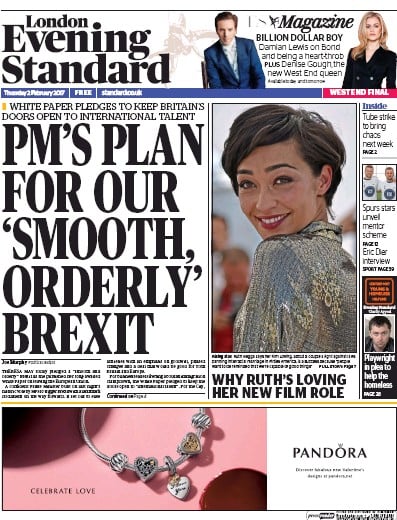 London Evening Standard (UK) Newspaper Front Page for 3 February 2017