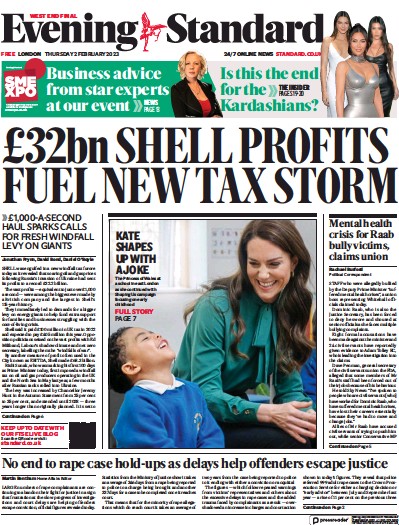 London Evening Standard (UK) Newspaper Front Page for 3 February 2023