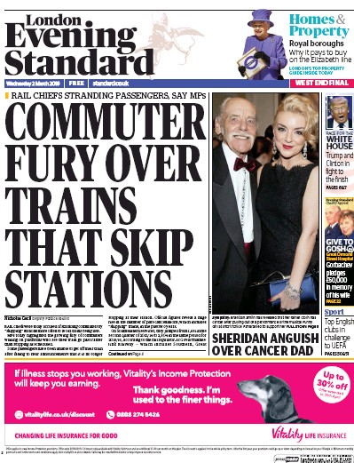 London Evening Standard Newspaper Front Page for 3 March 2016