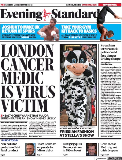 London Evening Standard (UK) Newspaper Front Page for 3 March 2020
