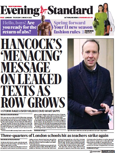 London Evening Standard (UK) Newspaper Front Page for 3 March 2023