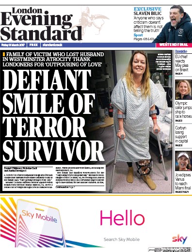 London Evening Standard Newspaper Front Page for 3 April 2017