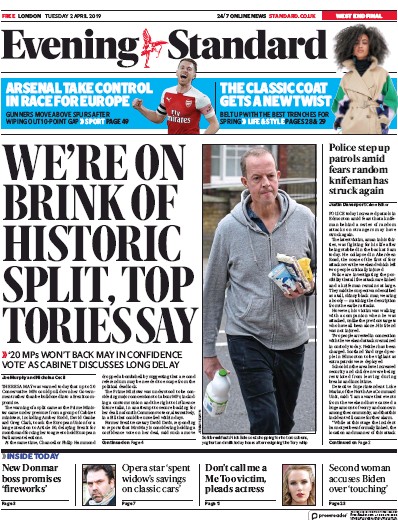 London Evening Standard Newspaper Front Page for 3 April 2019