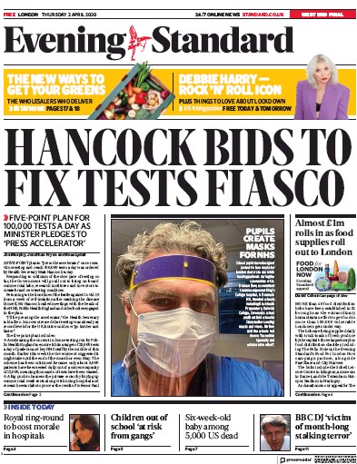 London Evening Standard Newspaper Front Page for 3 April 2020