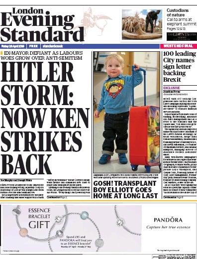 London Evening Standard Newspaper Front Page for 3 May 2016