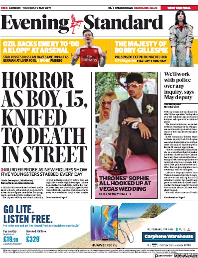 London Evening Standard Newspaper Front Page for 3 May 2019
