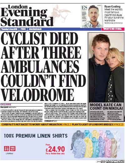 London Evening Standard Newspaper Front Page for 3 June 2016