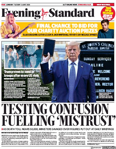 London Evening Standard Newspaper Front Page for 3 June 2020