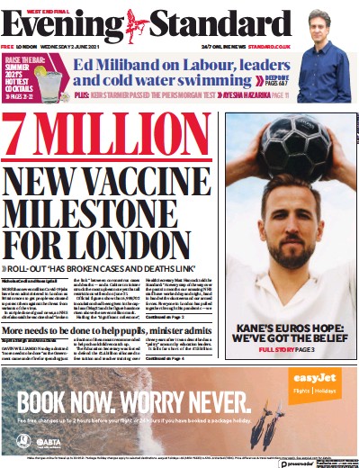 London Evening Standard Newspaper Front Page for 3 June 2021