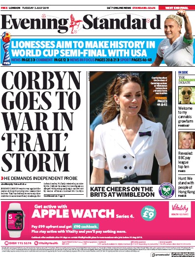 London Evening Standard Newspaper Front Page for 3 July 2019