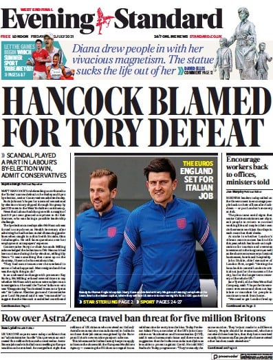 London Evening Standard (UK) Newspaper Front Page for 3 July 2021