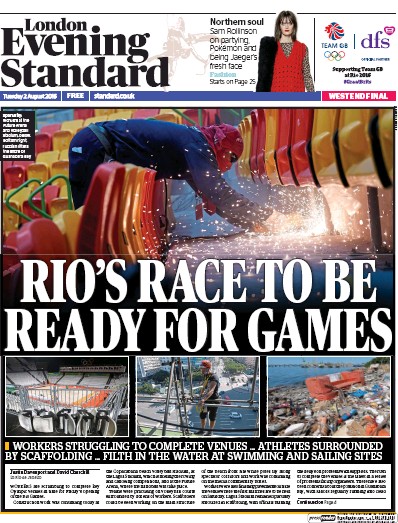 London Evening Standard Newspaper Front Page for 3 August 2016