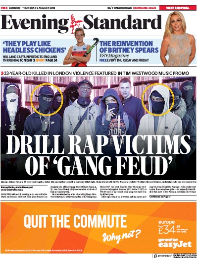 London Evening Standard Newspaper Front Page for 3 August 2018