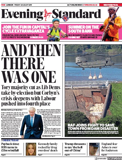 London Evening Standard Newspaper Front Page for 3 August 2019