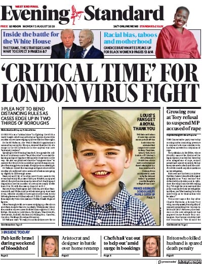 London Evening Standard Newspaper Front Page for 3 August 2020