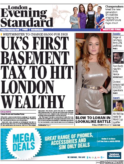London Evening Standard Newspaper Front Page for 3 September 2016