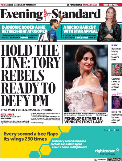 London Evening Standard Newspaper Front Page for 3 September 2019