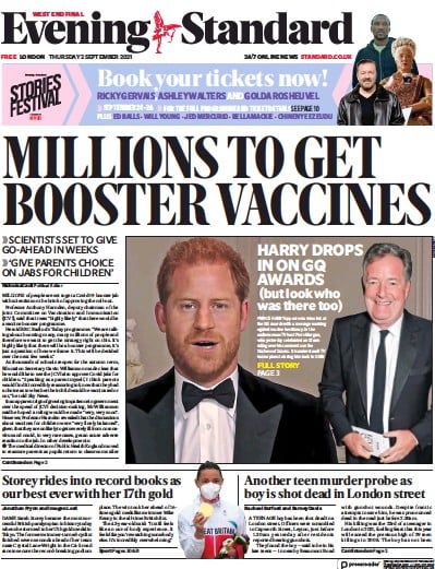 London Evening Standard (UK) Newspaper Front Page for 3 September 2021