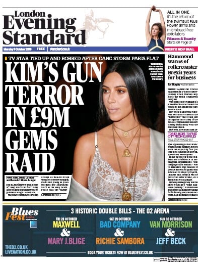 London Evening Standard (UK) Newspaper Front Page for 4 October 2016