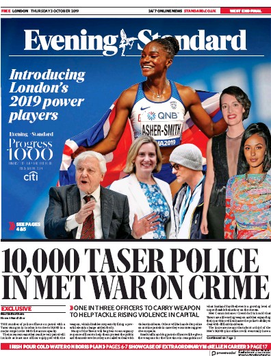 London Evening Standard Newspaper Front Page for 4 October 2019