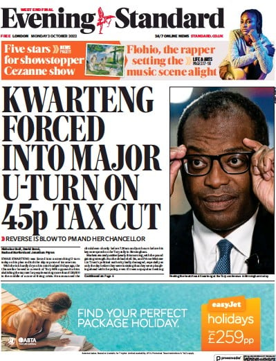 London Evening Standard Newspaper Front Page for 4 October 2022