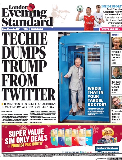 London Evening Standard Newspaper Front Page for 4 November 2017