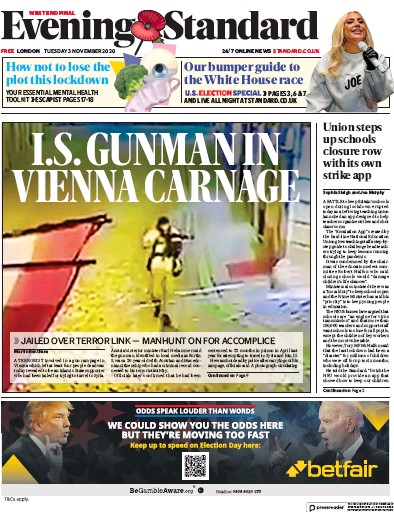 London Evening Standard Newspaper Front Page for 4 November 2020