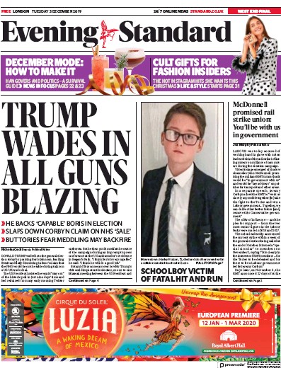 London Evening Standard (UK) Newspaper Front Page for 4 December 2019