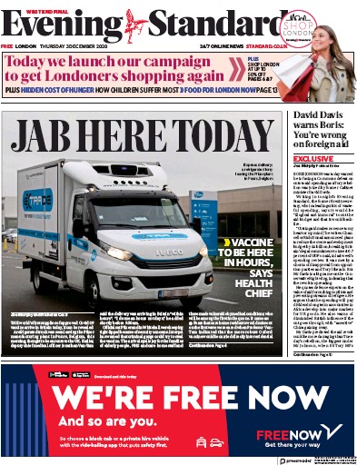 London Evening Standard (UK) Newspaper Front Page for 4 December 2020