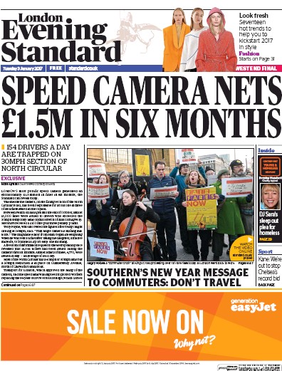 London Evening Standard Newspaper Front Page for 4 January 2017