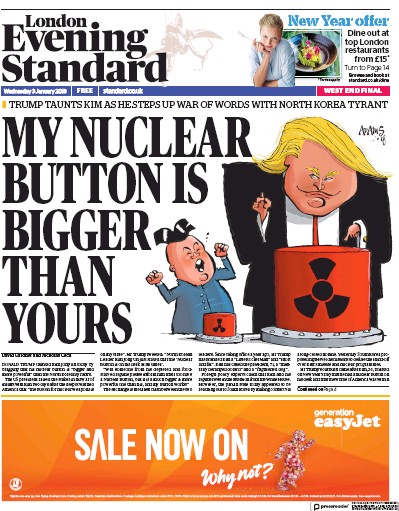London Evening Standard (UK) Newspaper Front Page for 4 January 2018