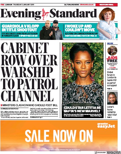 London Evening Standard (UK) Newspaper Front Page for 4 January 2019