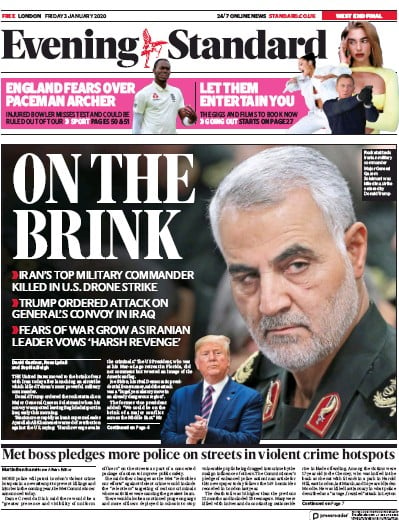 London Evening Standard (UK) Newspaper Front Page for 4 January 2020