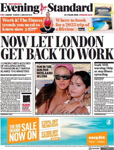 London Evening Standard (UK) Newspaper Front Page for 4 January 2023