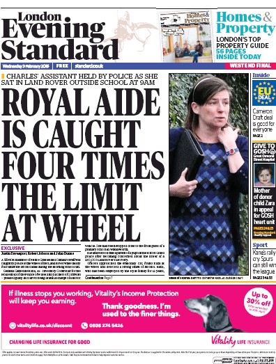 London Evening Standard Newspaper Front Page for 4 February 2016