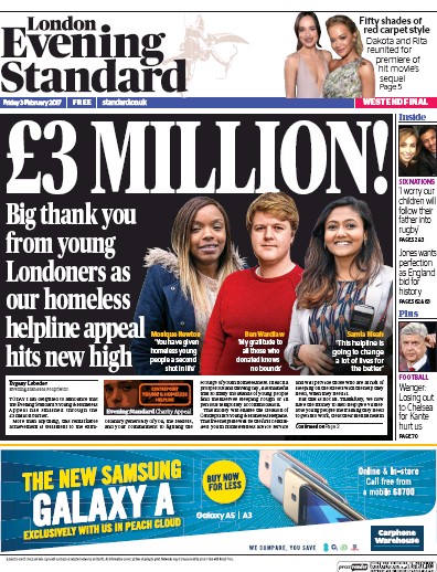 London Evening Standard (UK) Newspaper Front Page for 4 February 2017
