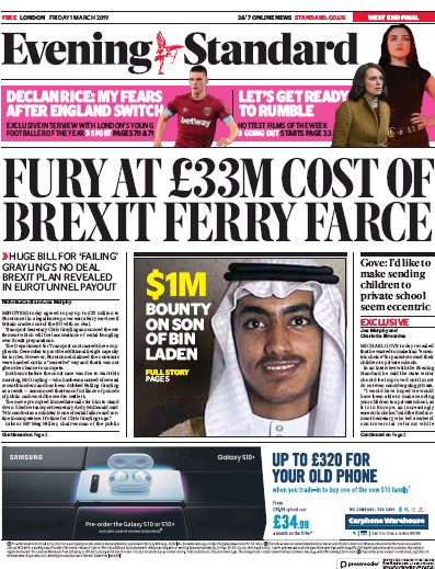 London Evening Standard (UK) Newspaper Front Page for 4 March 2019