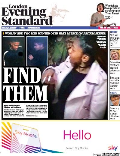 London Evening Standard Newspaper Front Page for 4 April 2017