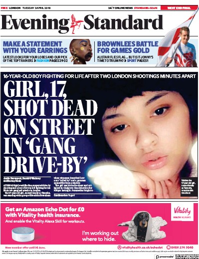 London Evening Standard Newspaper Front Page for 4 April 2018