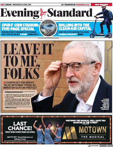 London Evening Standard Newspaper Front Page for 4 April 2019