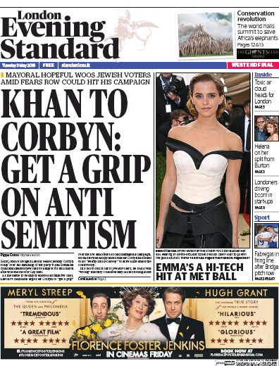 London Evening Standard Newspaper Front Page for 4 May 2016