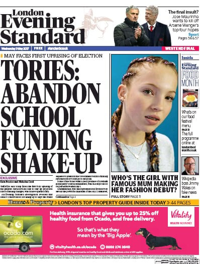 London Evening Standard Newspaper Front Page for 4 May 2017
