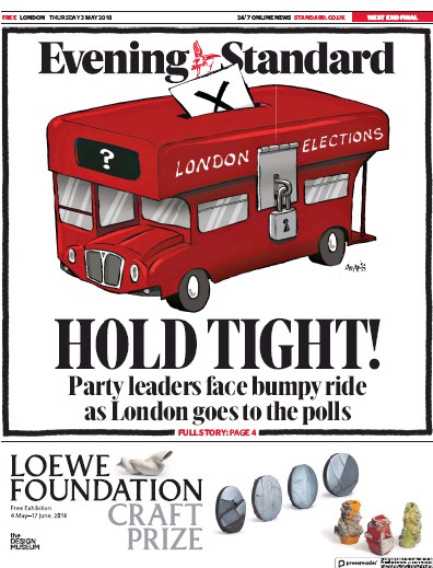 London Evening Standard Newspaper Front Page for 4 May 2018