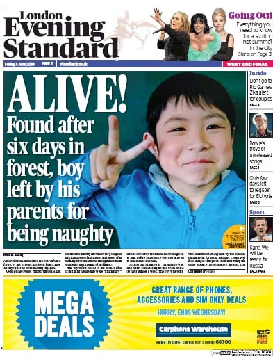 London Evening Standard Newspaper Front Page for 4 June 2016