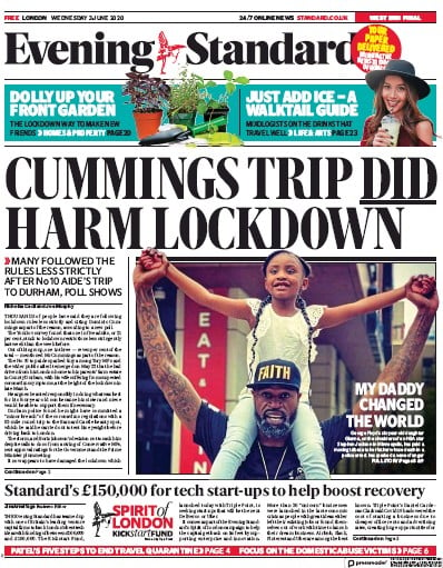 London Evening Standard Newspaper Front Page for 4 June 2020
