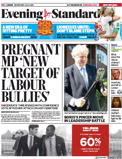 London Evening Standard (UK) Newspaper Front Page for 4 July 2019