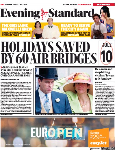 London Evening Standard Newspaper Front Page for 4 July 2020