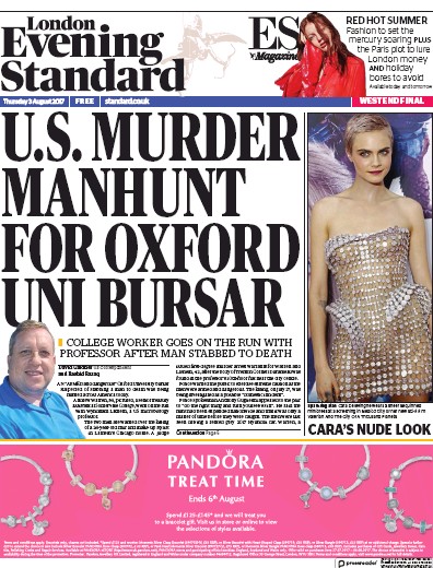 London Evening Standard Newspaper Front Page for 4 August 2017
